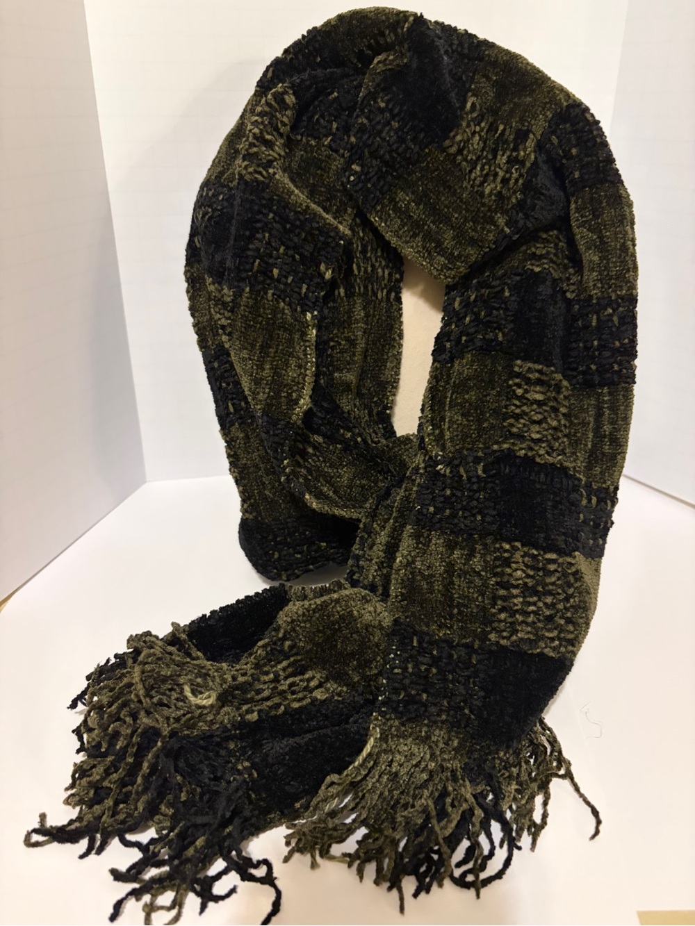 Vintage Barneys New York Handwoven Chenille Scarf Olive And Black Fringe Unisex